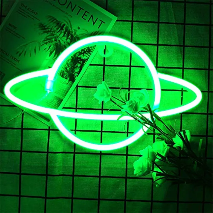 Neon Signs Planet Wall Green Night Lights Wall Decor Space Planet Hanging Neon Light for Home Bedroom Bar Club Christmas Weddin