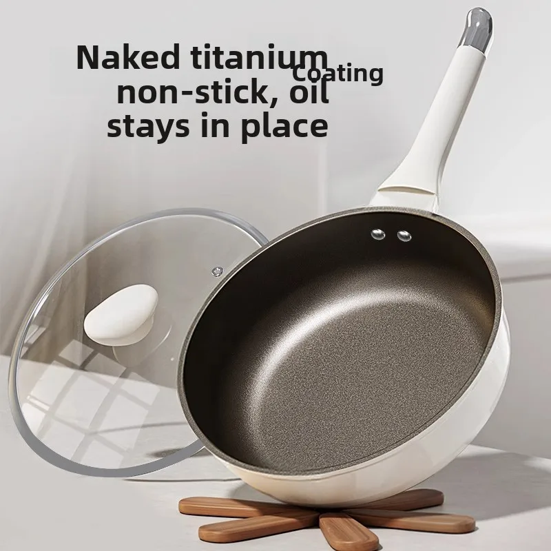 Titanium Ceramic Non-Stick Pan Fluorine-Free Coating Wok Deep Fry Pan Universal Stove Flat Bottom Pot with Sun Protection Sleeve