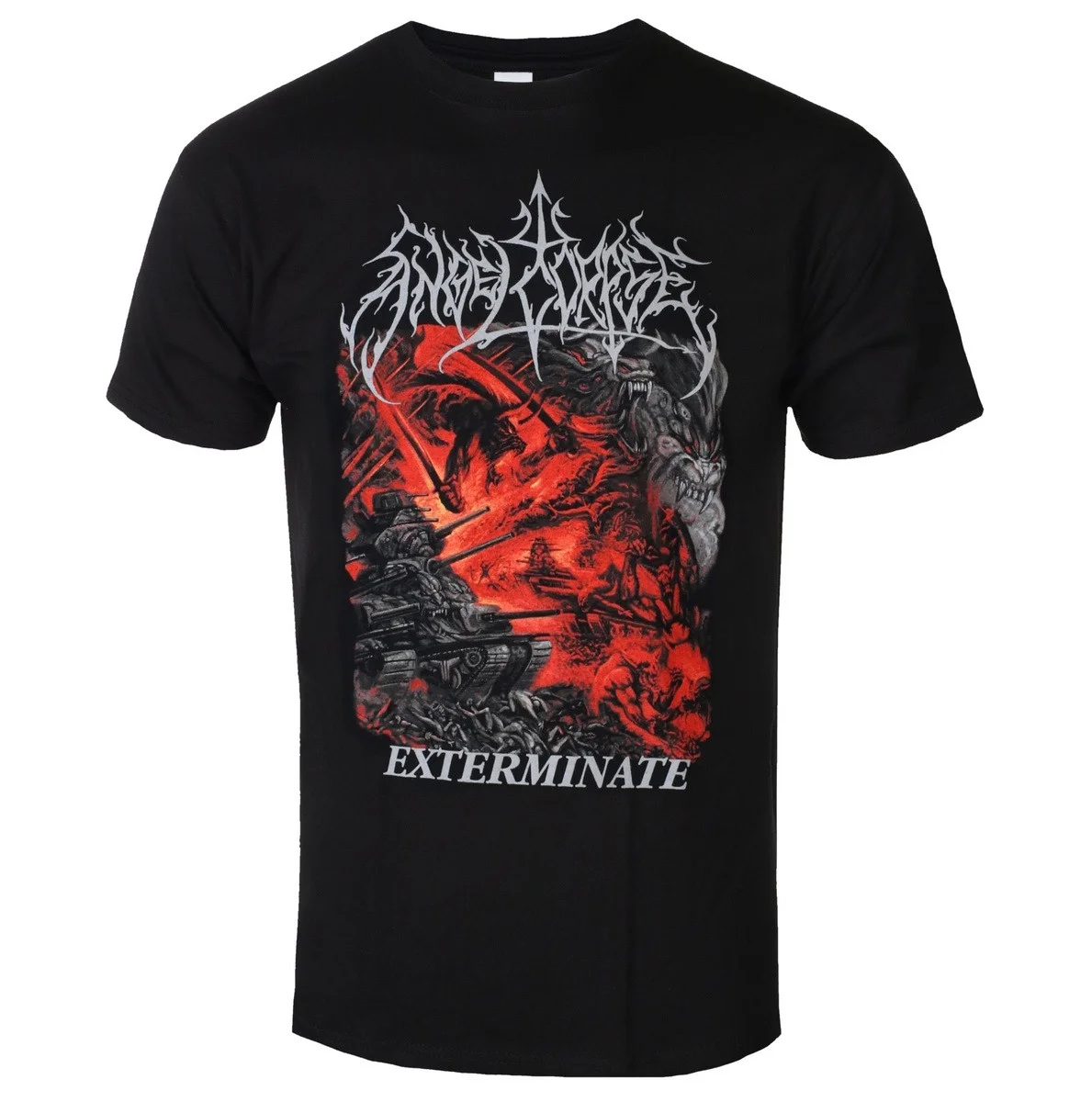 Skeleton Throne Exterminate Front War Demon and Back Pentagram Beast Graphic Print T Shirt