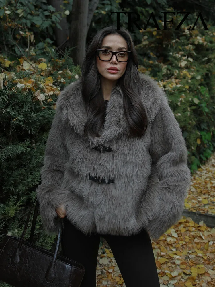 TRAFZA ผู้หญิง Faux FUR ฤดูหนาวเสื้อเปิดลงคอยาวแขนยาวหนาเสื้อแฟชั่นหญิงแขนยาวหลวม WARM JACKET