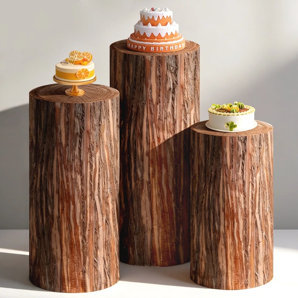 

Striped Wood Log Cylinder Pedestal Cover Set Wedding Backdrop Bachelorette Party Decor Baby Shower Birthday Cake Stand