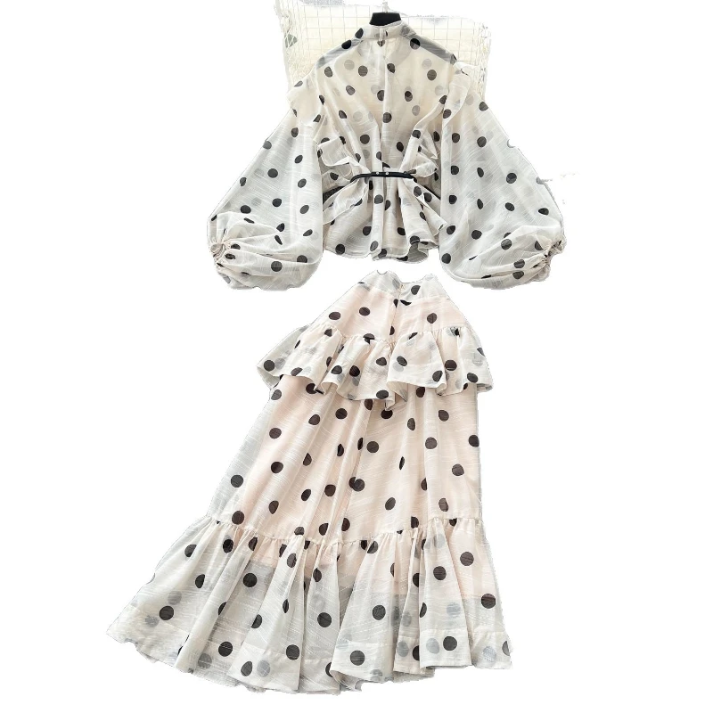ツーピースセット レディース スカートセット ランタンスリーブ プリント ドット トップス フリル Y2K ストリートウェア エレガント ロング フィッシュテールスカート ハイウエスト
