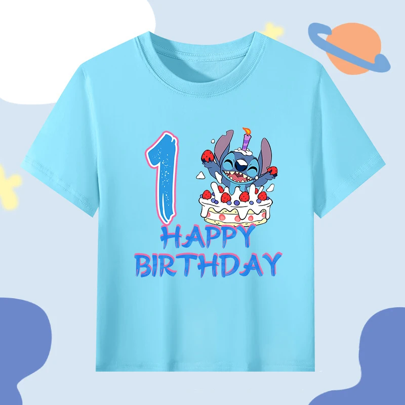 

Disney Stitch Children Polyester T-shirt Cartoon Birthday Numbers Print Short Sleeve Pullover Summer Casual Tops Kids Clothing