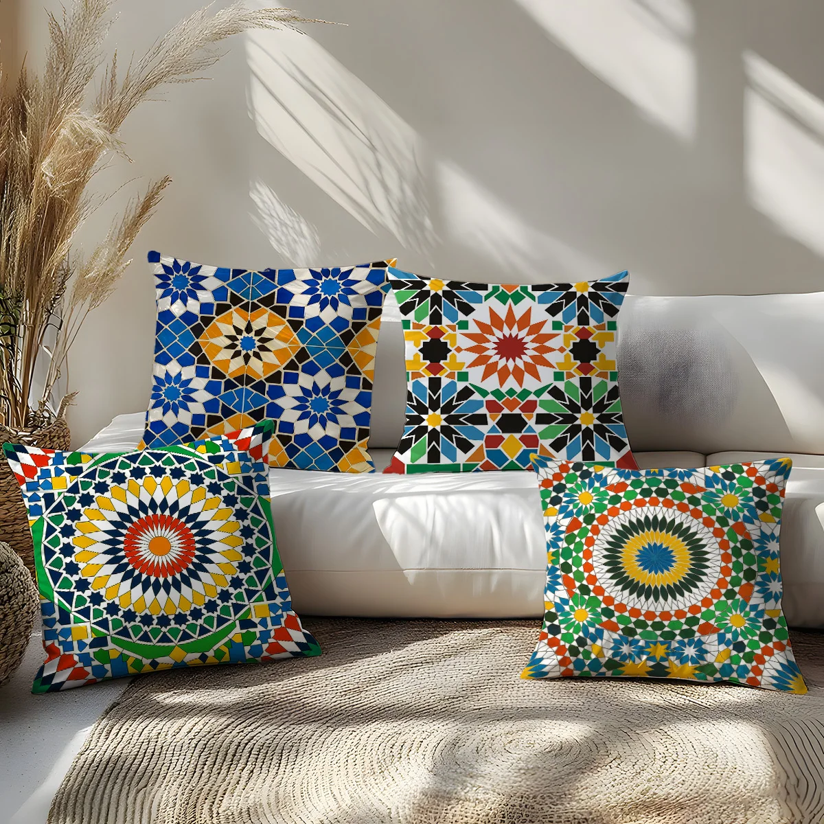 Boho Moroccan Throw Pillow Covers, Intricate Zellige Tile Pattern Print Cushion Cases, Bold Exotic Aesthetic Decor Sofa Bedroom
