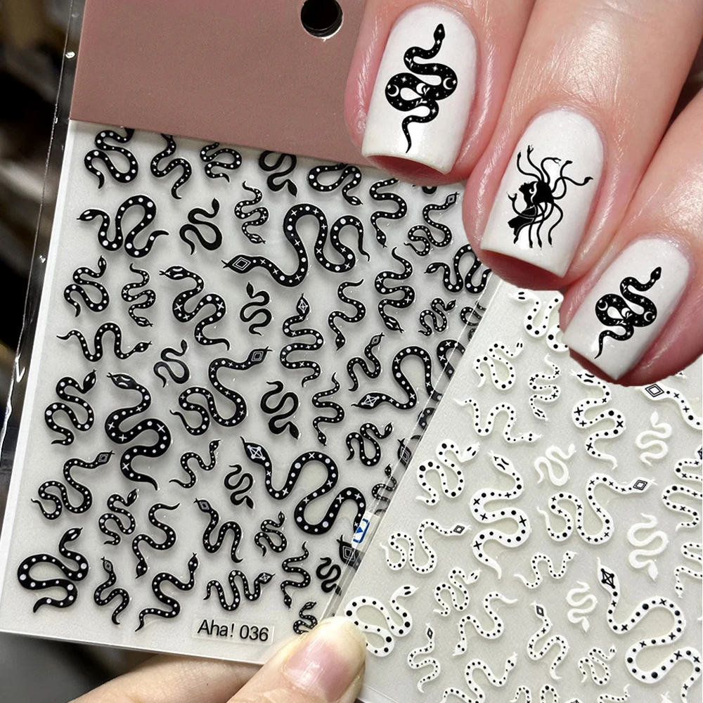 1pcs 3D Black White Snake Nail Art Stickers Self-Adhesive Cartoon Starlight Snake Y2K Nail Slider DIY Nail Decor Manicure Decal
