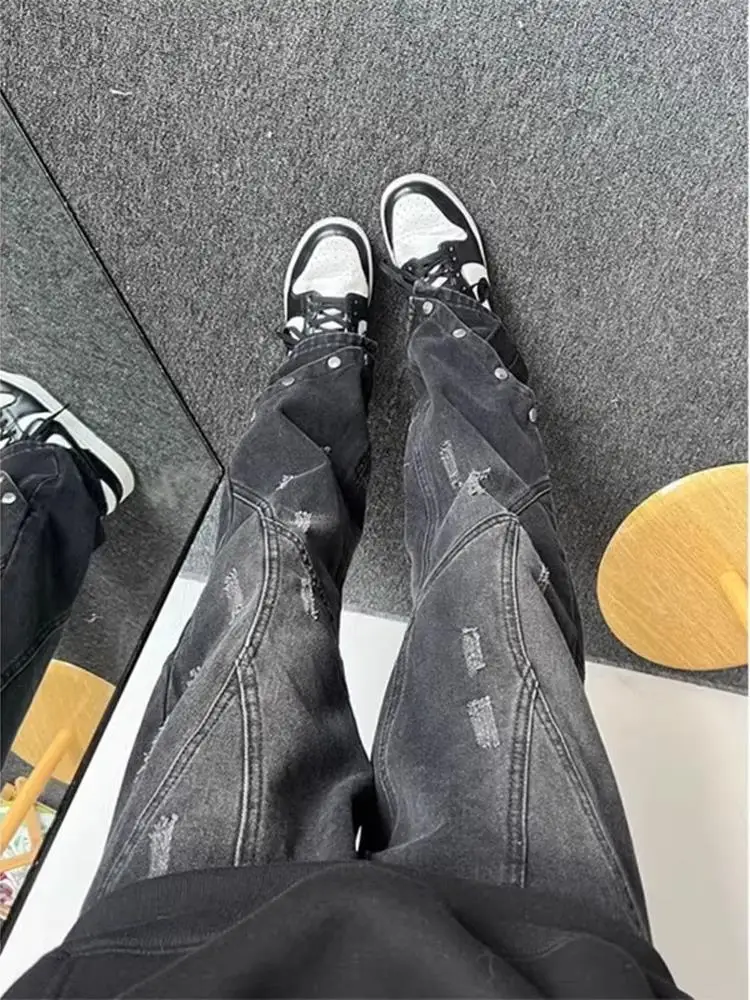 

Waed Bla Workwear Patchwork Men's Jeans American Drill High Street Buttoned Micro Flared Pants Straight Leg Loose Fit Jeans