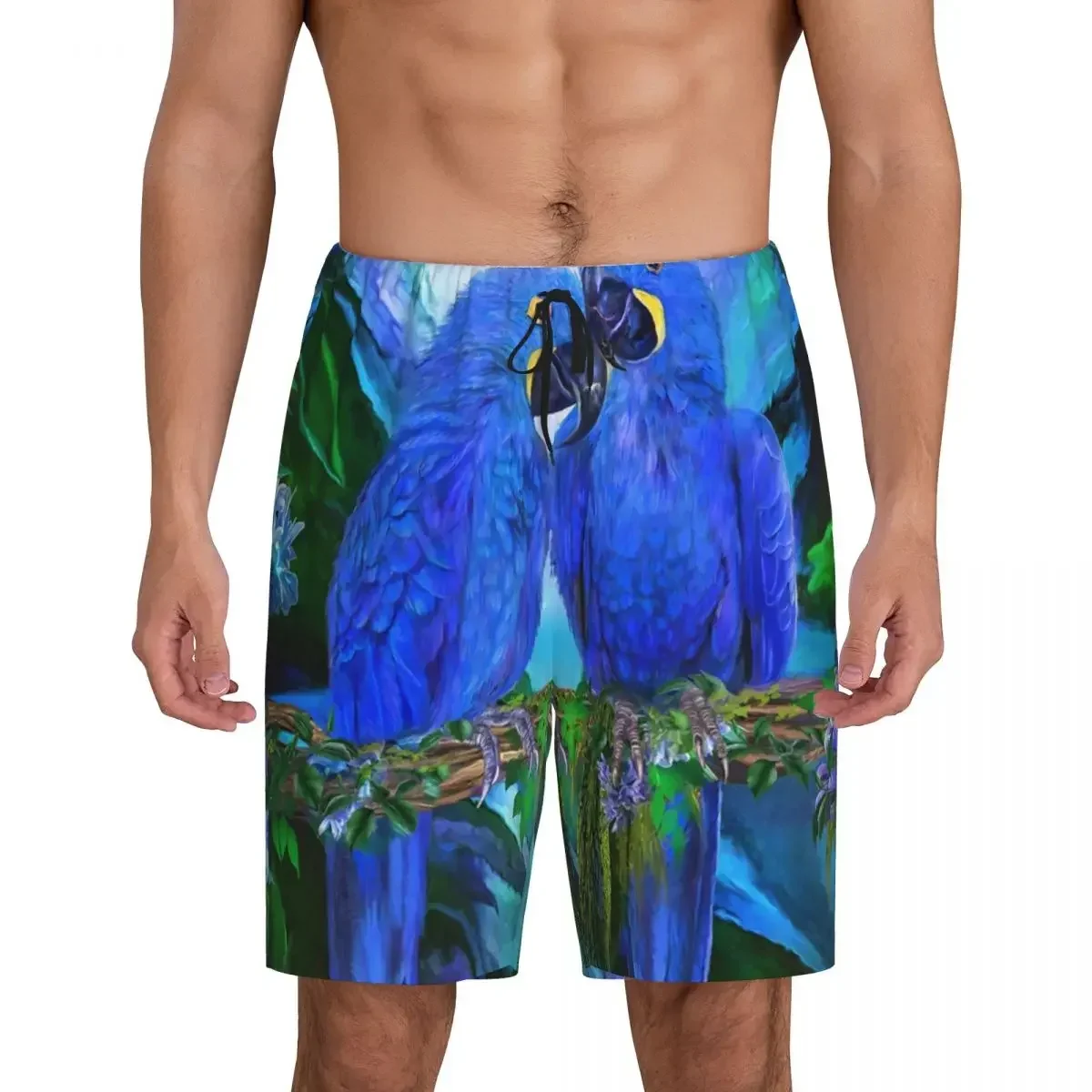 Custom Printed Men Tropic Spirits Parrot Birds Pajama Bottoms Hyacinth Macaw Sleepwear Pjs Sleep Shorts with Pockets