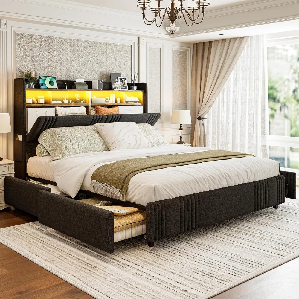 

California King Bed Frames with Hidden Storage Headboard & 4 Drawers, 49.2” Tall Upholstered Wingback Headboard with LED Lights