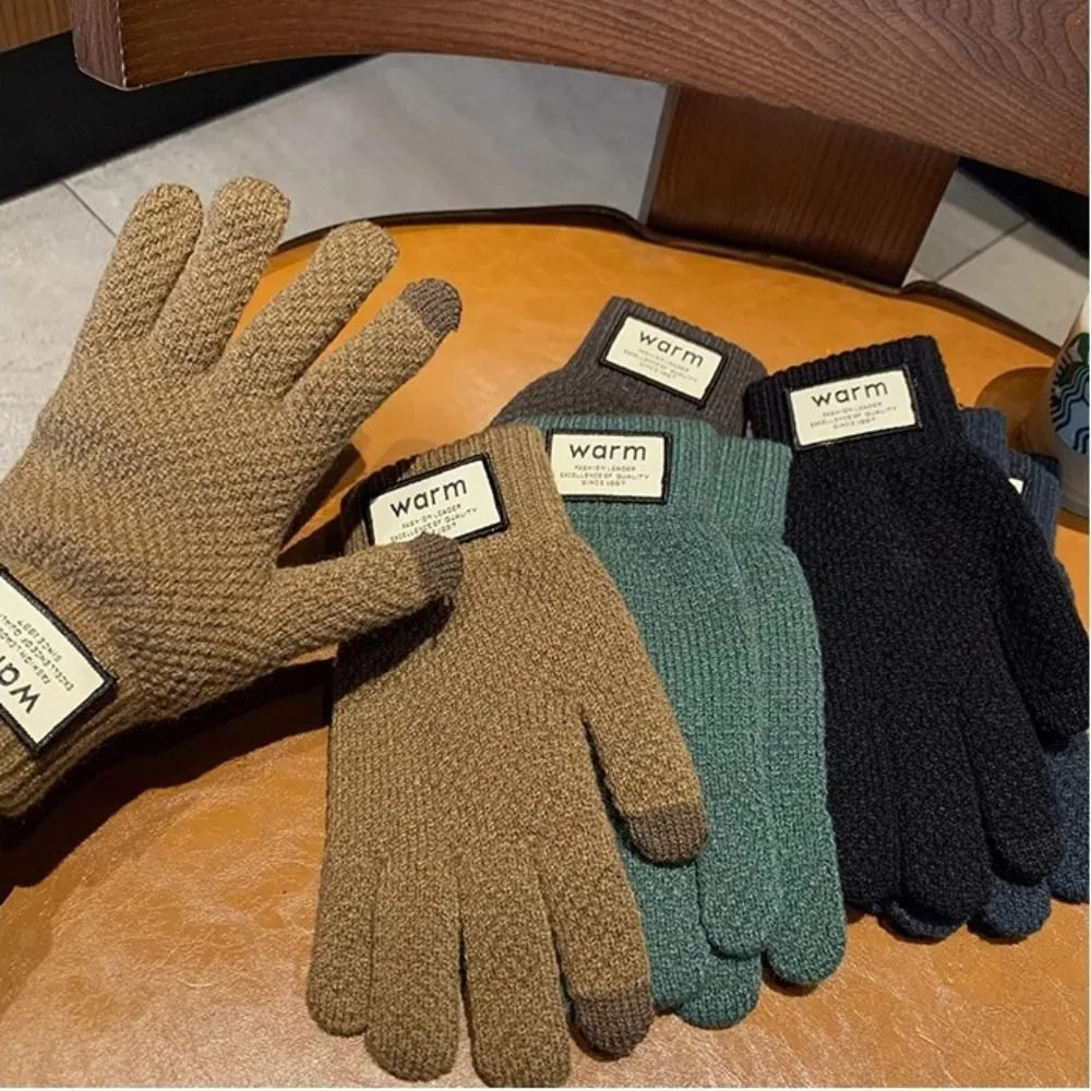 

Solid Color Winter Knitted Gloves Korean Warm Plush Cycling Gloves Thickened Windproof Touch Screen Gloves Women