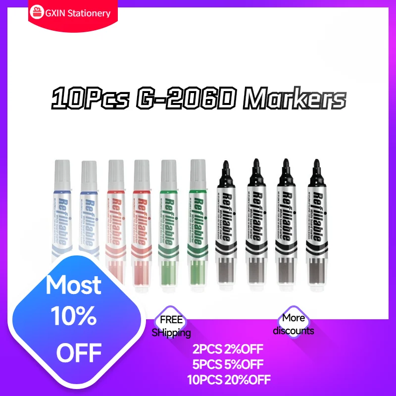 GXIN G206D 10Pcs Erasable Whiteboard Refilled Pens Dry Eraser Marker For Offices Stationery Meeting School Use for Classroom
