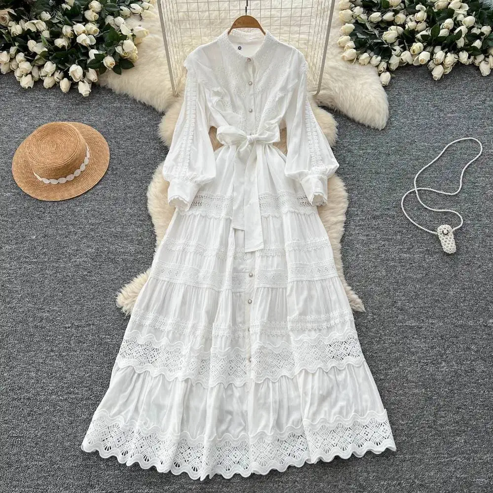 Chique vintage kant met enkele rij knopen, lange mouwen, geplooid, elegante fee, Koreaanse mode, Boho dameskleding, lange jurk