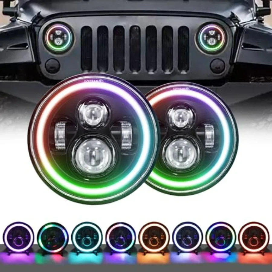 

7-дюймовая светодиодная фара с цветными ангельскими глазками, 100 Вт, круглая, с дальним/ближним светом и ДХО для автомобилей и мотоциклов