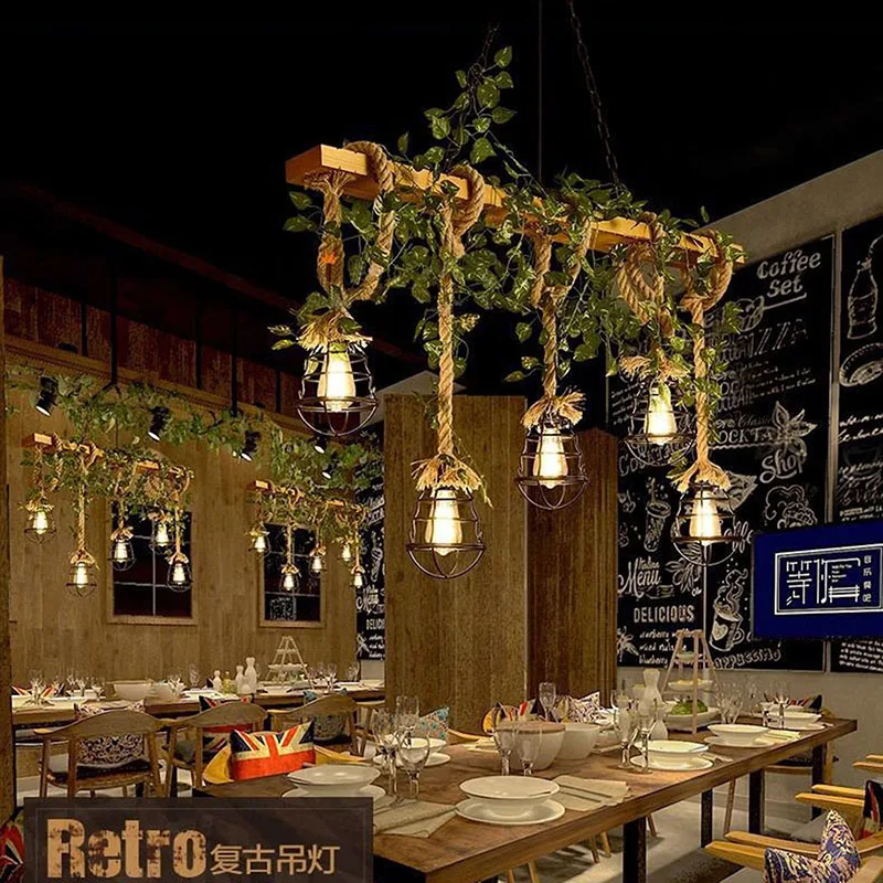 Industrial Style Wooden Hemp Rope Chain Lamp American Rural Restaurant Barbecue Farm Cashier Chandelier Retro Theme Pendent Lamp