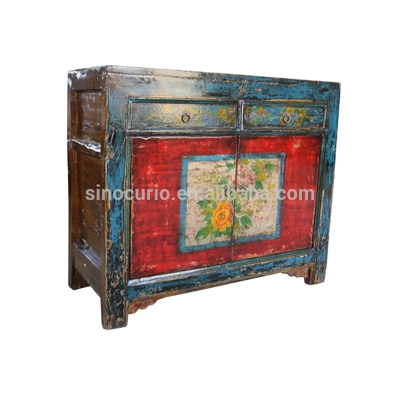 Chinese Antique Vintage Wooden Hand Painted Shoe Storage Cabinet