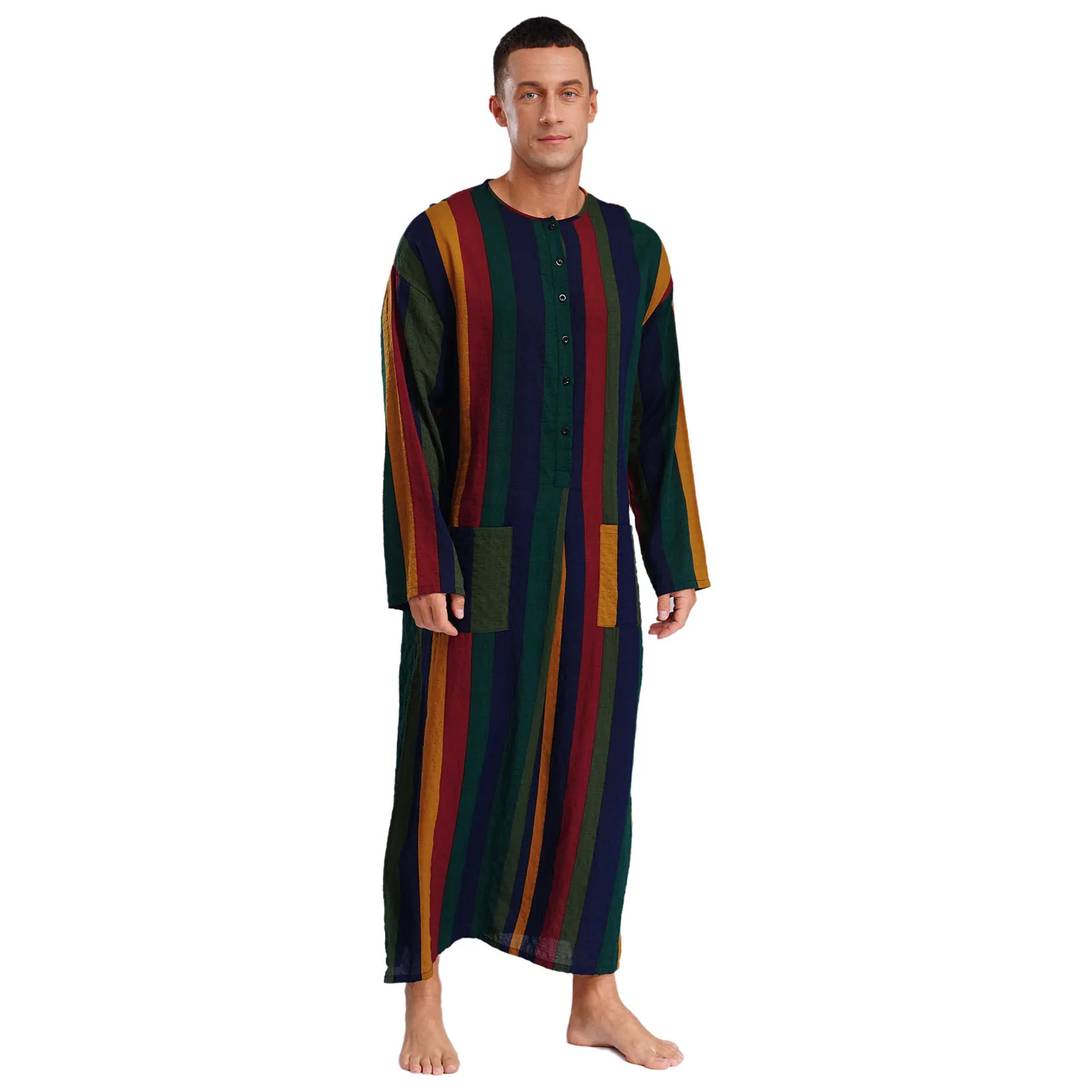 Men Islamic Muslim Thobe Round Neck Leisure Traditional Ethnic Middle East Dress Long Sleeve Stripe Long Gown Buttons Loose Gown