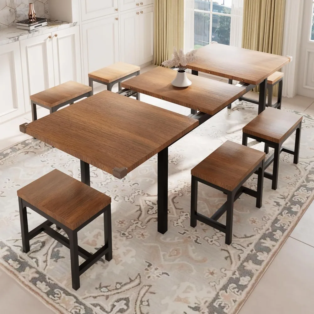 7-Piece Dining Table Set with 6 Stools, 63" Large Extendable Kitchen Table Set for 4-8, Mid-Century Dining Room Table