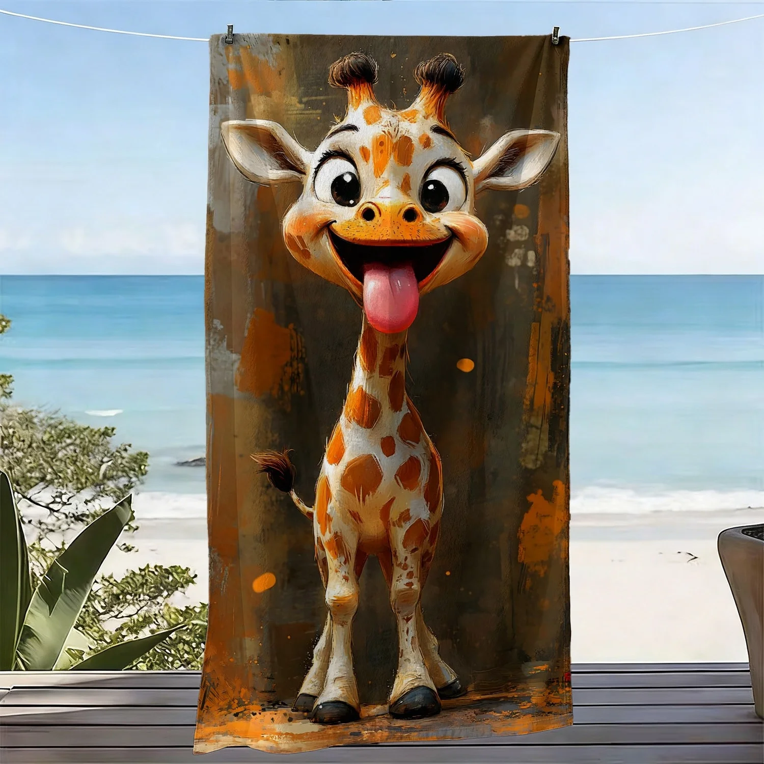 Cute Cartoon Giraffe Beach Towel, Funny Smiling Giraffe Print Oversized Bath Towel, Soft Quick Dry Summer Beach Blanket 1pcs