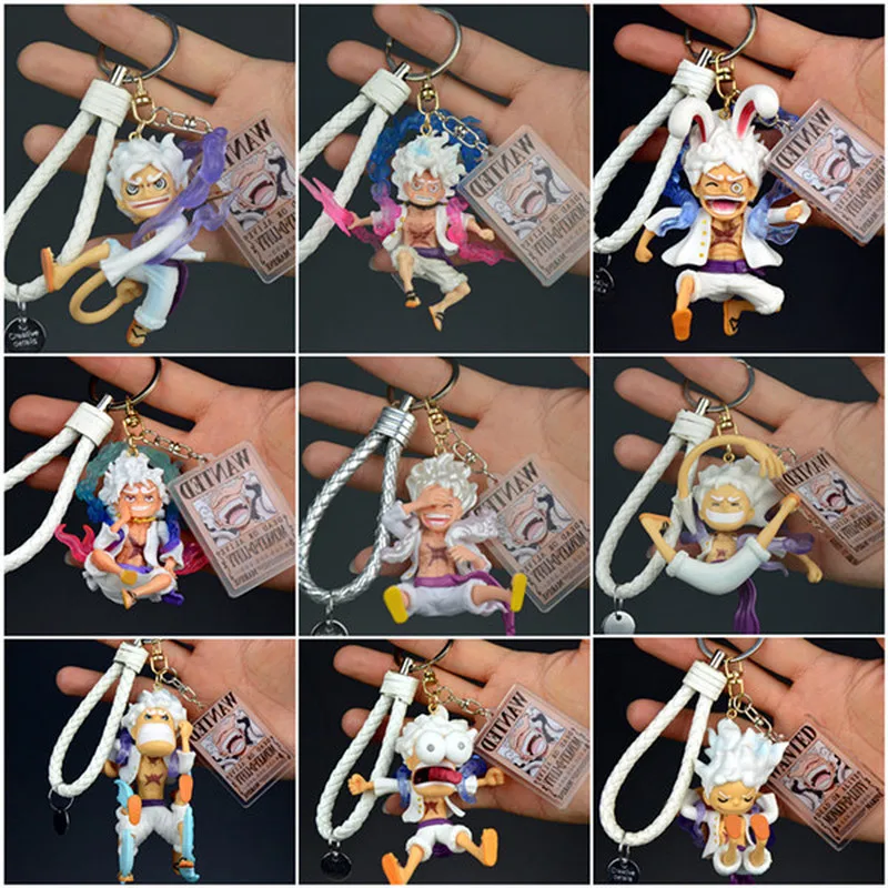 Llavero de PVC de One Piece Nika Luffy Gear 5 con figura de acción y tarjeta de buscado, colgante decorativo para bolso, llavero para coche, para fans del anime