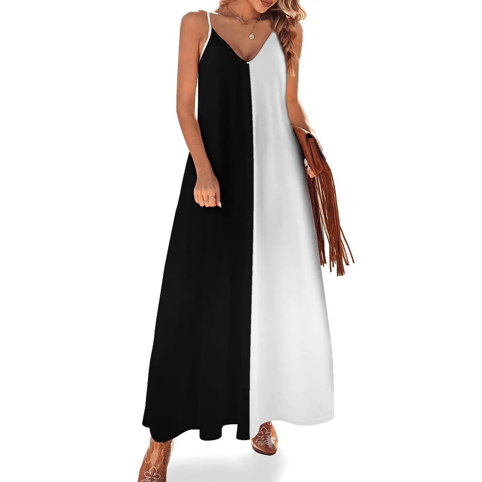 

Half Black Half White Sleeveless Long Dress chic and elegant evening dress evening dress Summer dresses for women