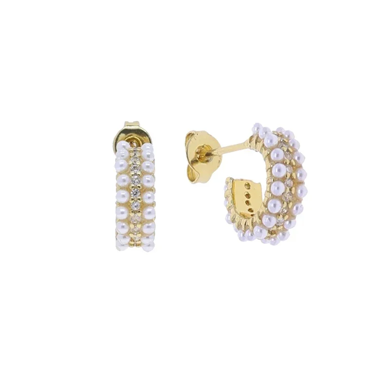 2025 New White Pearls Huggies Earrings Paved Cubic Zirconia for Women Exquisite lovely Gold Color Hoop Earring