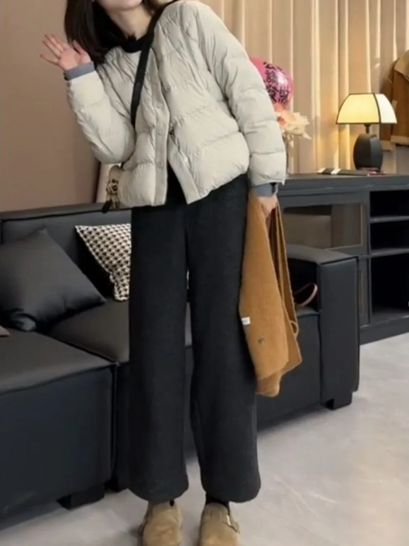 

Корейские прямые шерстяные брюки с высокой талией, женские повседневные свободные широкие брюки, осенняя мода, большие размеры для похудения