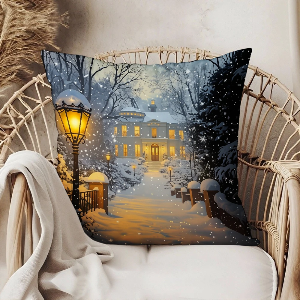 Square Throw Pillow Case Winter Snowy Night Scene Printed Warm Yellow Street Lamp And Mansion Pattern For Living Room Bedroom So