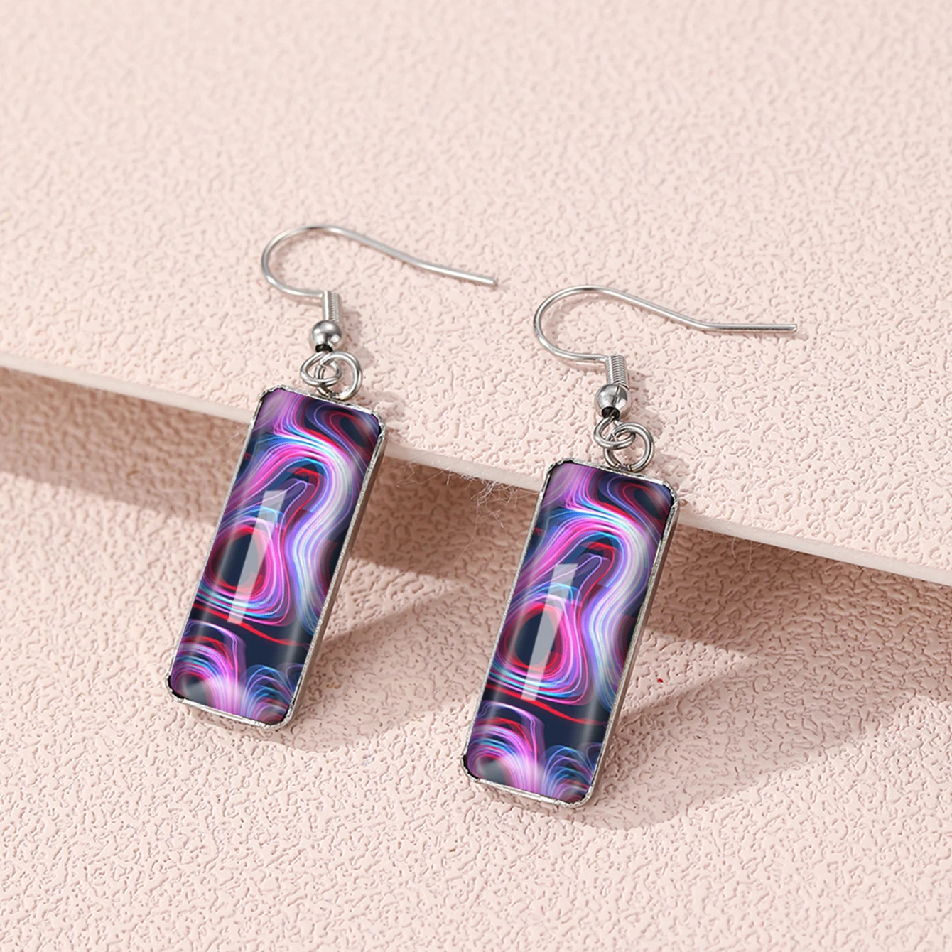 Fluid Art Pattern Stainless Steel Rectangle Hook Dangle Drop Earrings Glass Cabochon Ear Jewelry