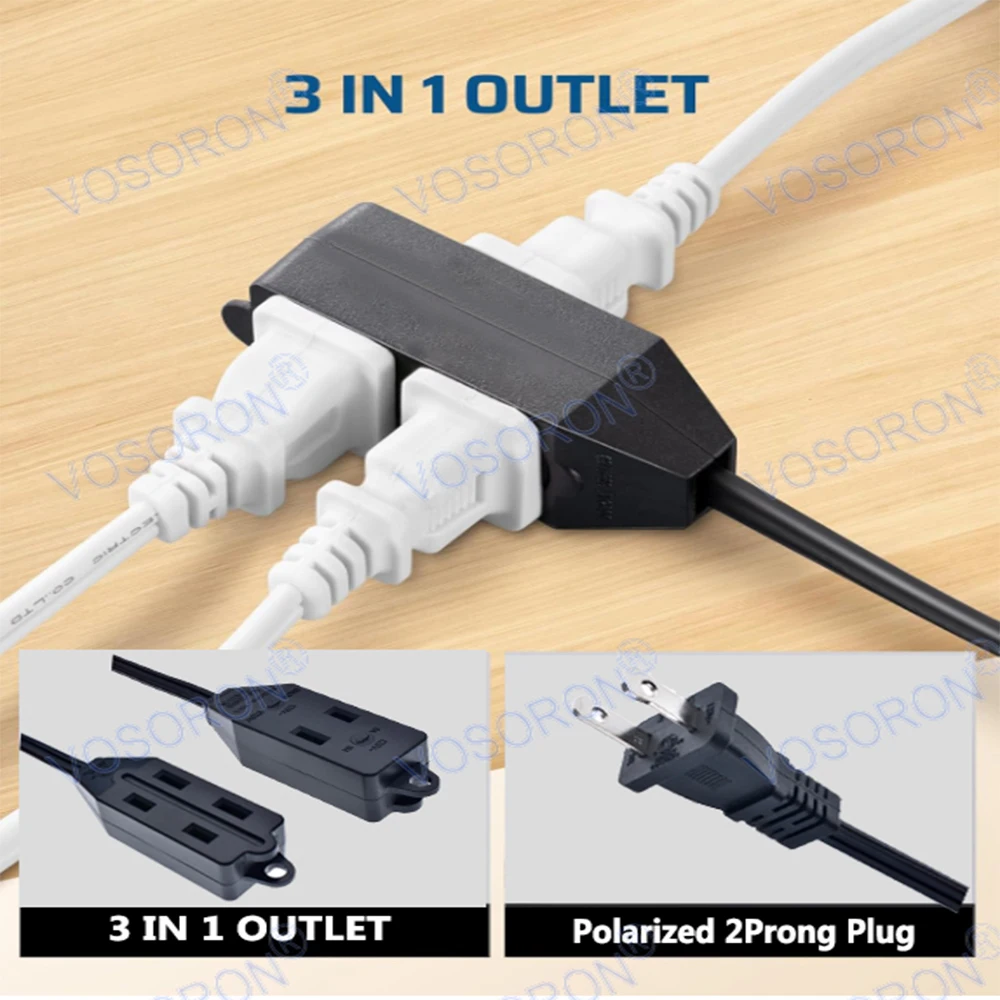 3 Outlet Extension Cord, US 2 Prong Extension Power Strip, 2ft 16AWG 1625W Power Cord for Indoor Use, Black, ETL Listed