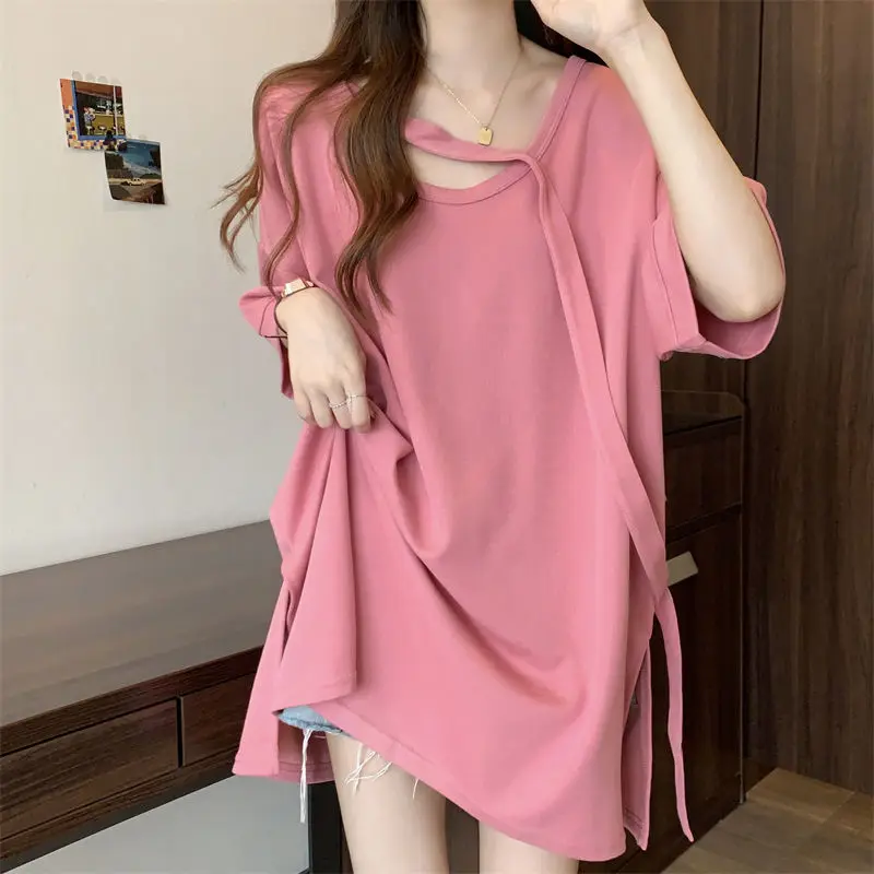 Summer New Hollow Out Loose T Shirt Tops Round Neck Short Sleeve Solid Color Pullovers Trend Casual Fashion Women Clothing - Image 4
