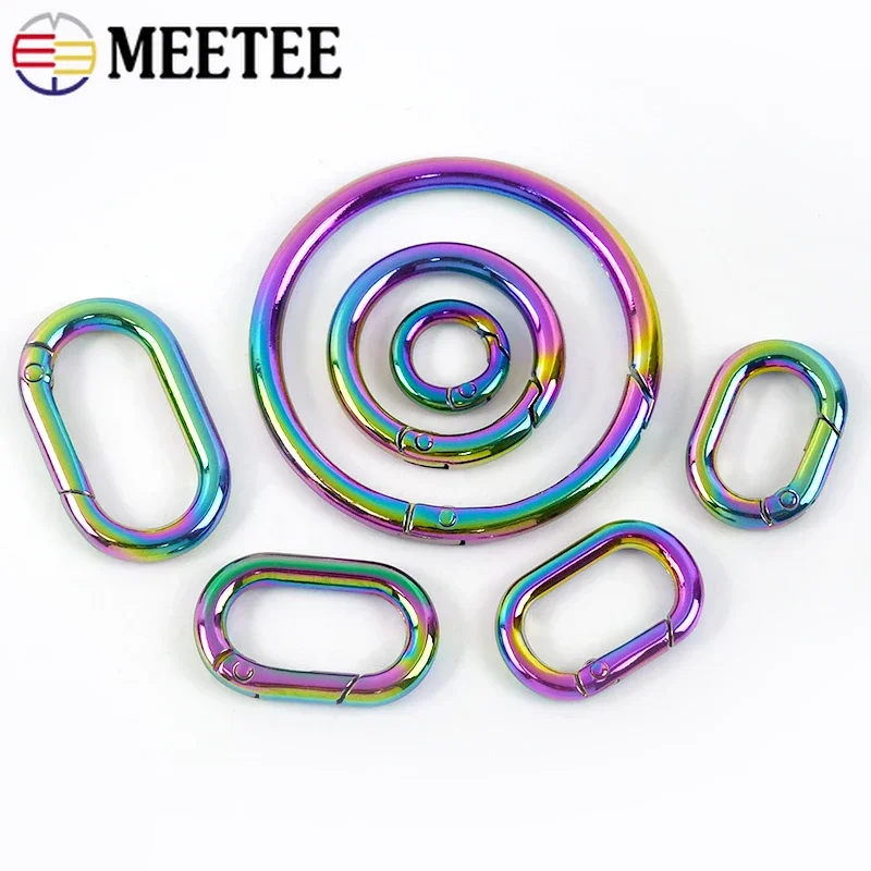 Meetee 5/10Pcs 10-50mm Rainbow Spring Metal O Ring Buckle Carabiner Snap Clip Keychain Clasp Clothes Bags Rings Hook Accessories