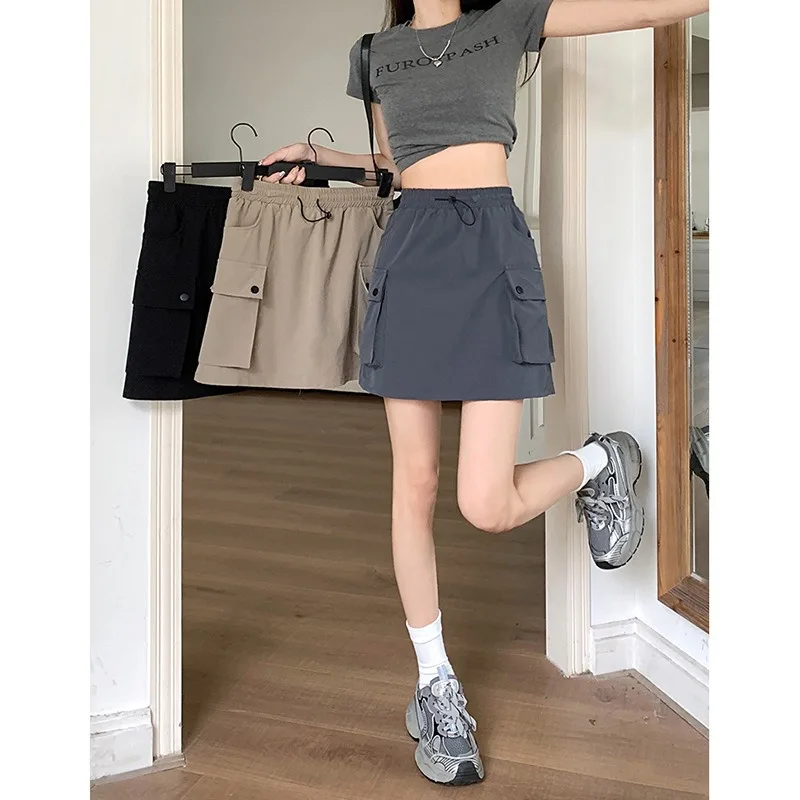 Women Cargo Skirt Lady Spring Summer Elastic Waist Drawstring Work Skirt Girl Student High-Waist Niche A-Line Work Cargo Skirt