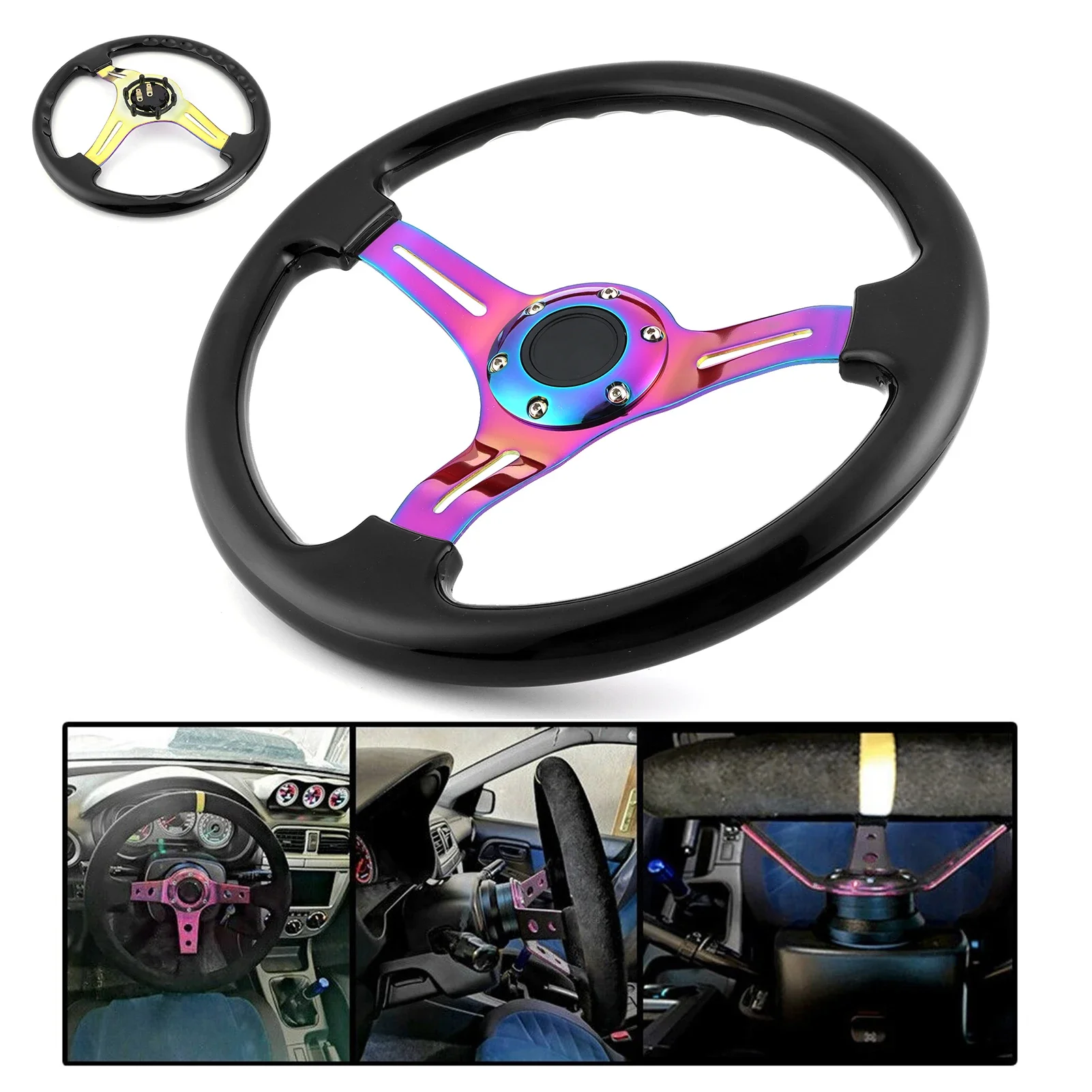 

Racing Steering Wheel 350mm Dia Universal Deep Dish 6-Hole W/Horn Wire ABS Automotive Modification Electroplated Color Bracket