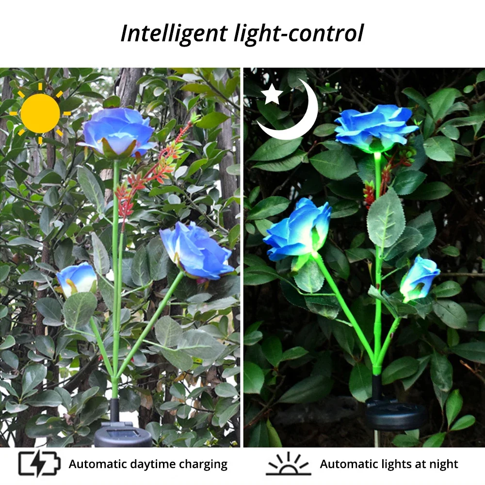 3Head LED Solar Light Simulation Rose Flower Outdoor Garden Lawn Night Lamp Waterproof Landscape Home Fairy Christmas Decoration