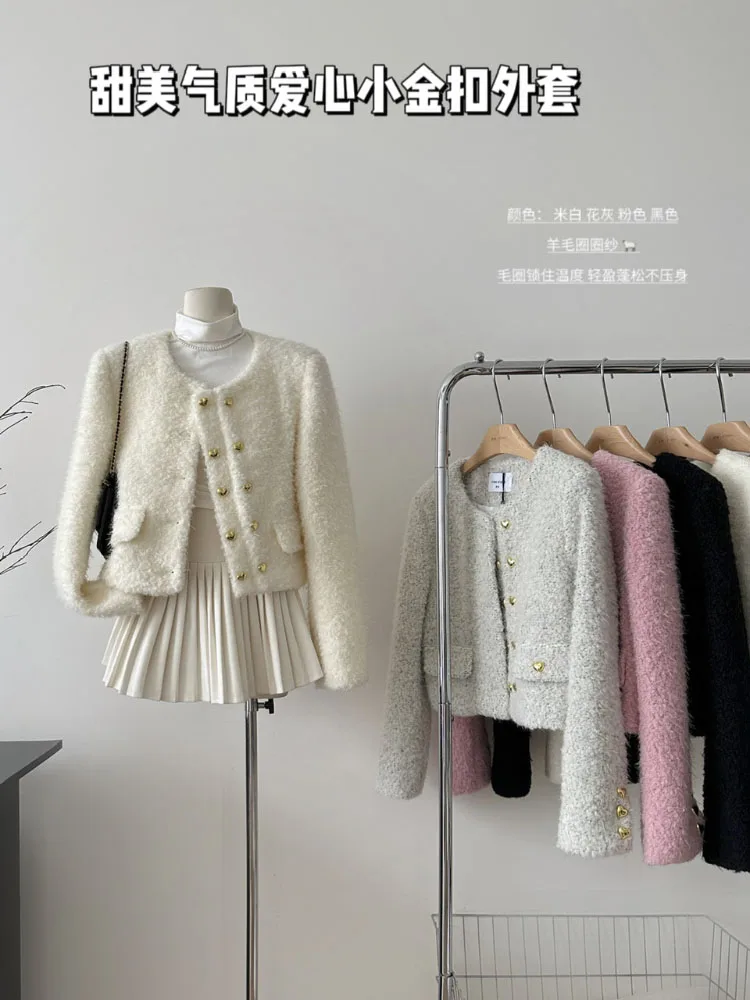 

V-neck Winter Warm Wool Short Thick Jacket Female Temperament Coat Office Elegant Top Mujer Double-breasted Jacket