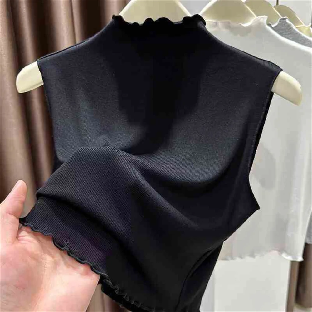 

2025 Korean Fashion Ruffled Knitted Top Women Autumn Top Half Neck Vest Female Sleeveless Sweater Soft Streetwear Solid Top