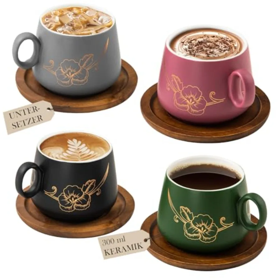 

10oz Cappuccino Cups and Wooden Saucers Set with Gold Floral Art, Latte Art Cup for Espresso, Coffee and Tea, Modern Ceramic Te