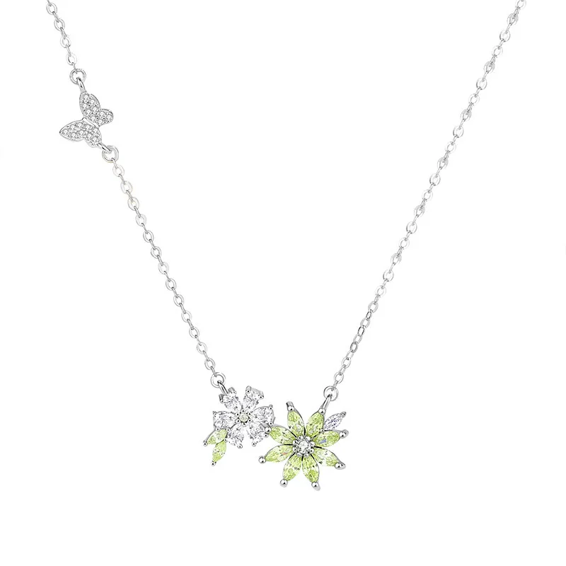 European Sparkling 925 Sterling Silver Green Flower Pendant Necklace AAA CZ For Women Birthday Gift Jewelry
