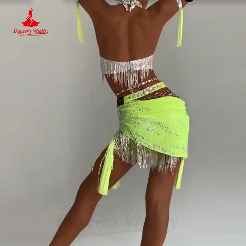 Latin Dance Performance Costume Customsized Adult Children Beads Tassel Top+short Skirt 2pcs for Female Latin Dance Stage Skirt