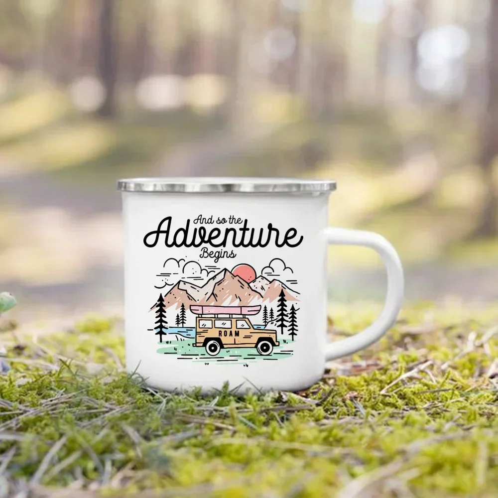 Camping Enamel Cup And So The Adventure Begind Printed Mug Campfire Party Beer Coffee Mugs Mountain Handle Cups Gifts for Camper