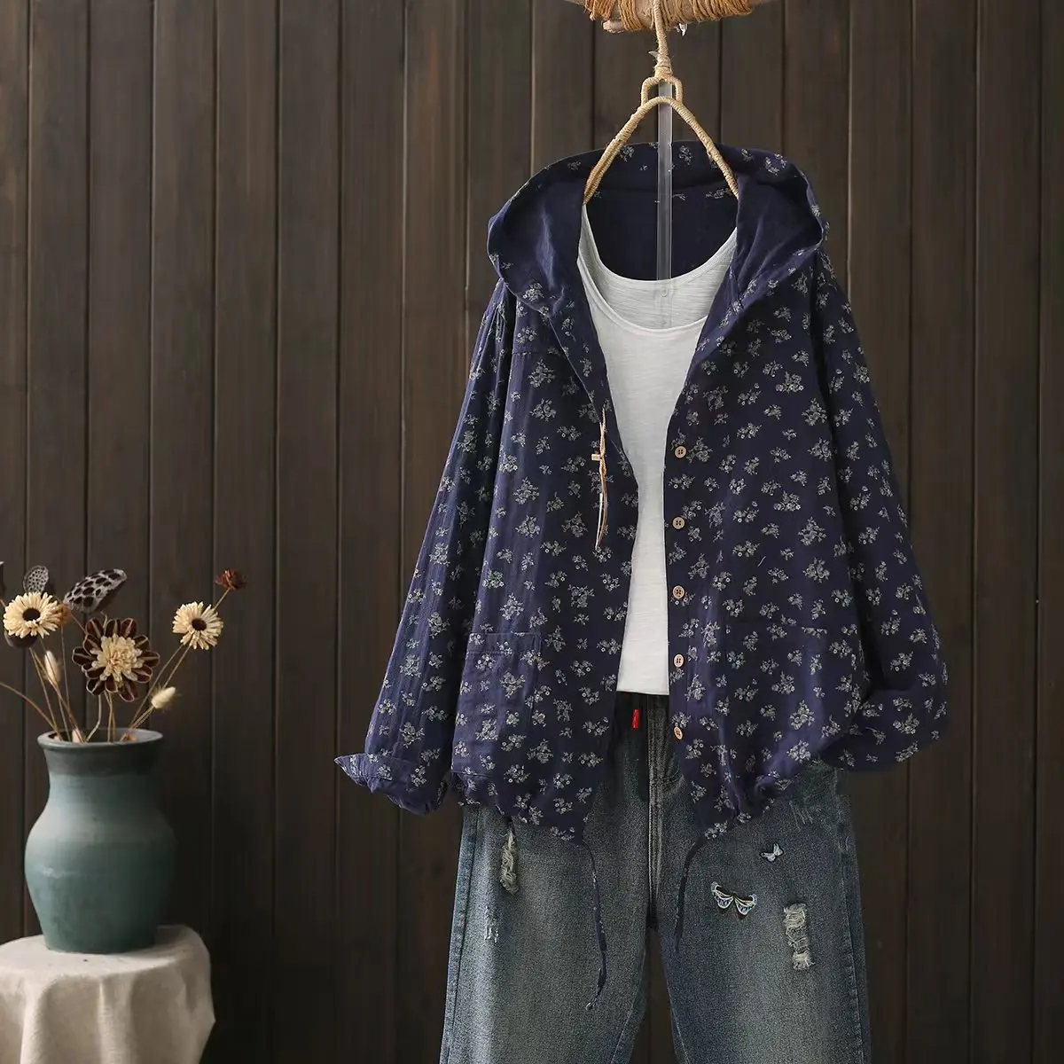 New Autumn Rustic Flower Print Hooded Shirts and Blouses for Women Japanese Style Large Size Tops Hoodies Cardigan Outwear