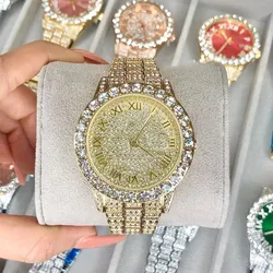 Reloj de lujo con diamantes para mujer, pulsera de acero de cuarzo, cristal de circón, reloj de pulsera de moda, marca elegante