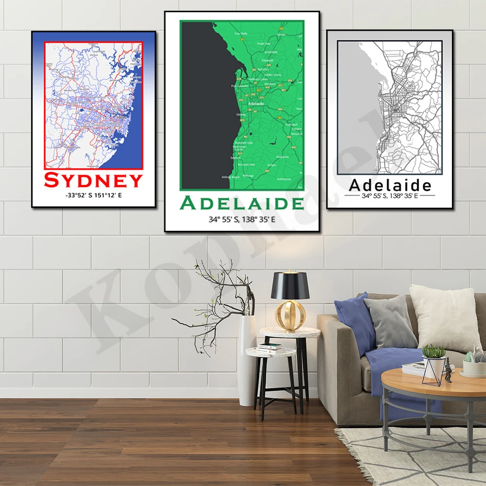 Sydney Adelaide Red White Blue Green Color Map Home Wall Decor Poster