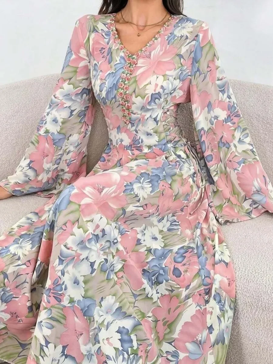 

Ид цветочное вечернее платье женское мусульманское Абая с v-образным вырезом и расклешенными рукавами Джалабия Рамадан длинные платья Vestidos Largo Kaftan арабский длинный халат