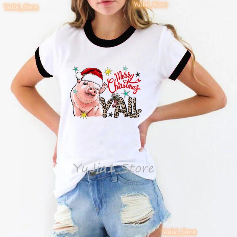 

Just A Girl Who Loves Christmas Graphic Print T Shirt Women'S Clothing Leopard Lattice Tshirt Femme White Short Sleeve T-Shirt