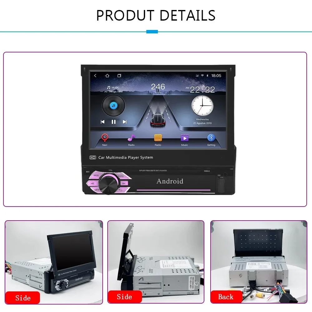 1 Din 7 Inch Automatic Retractable Touch Screen Carplay Android Auto MP5 Player GPS FM Radio Mirror Link Dashboard Placement
