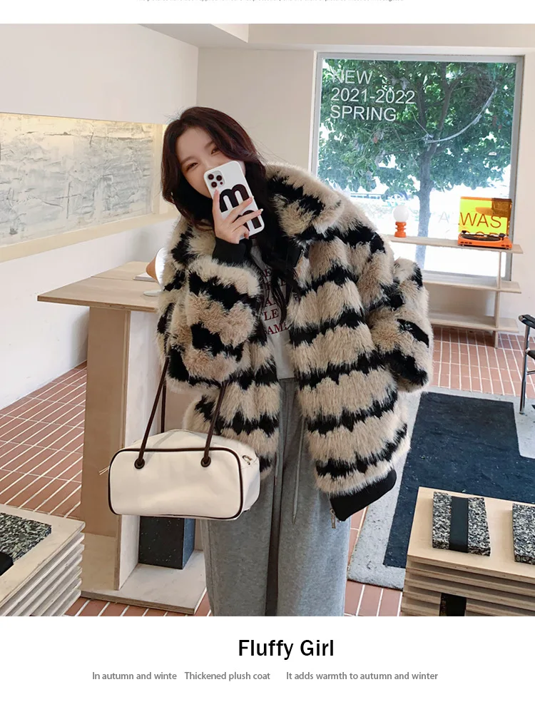 معاطف نسائية من الفرو الصناعي معاطف مخططة مقسمة بياقة مقلوبة وأكمام طويلة وسحاب سميك وفضفاض سترة أنيقة لخريف وشتاء 2025