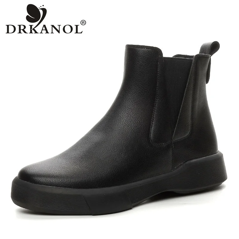

DRKANOL Женские ботинки большого размера 35–43, круглые ботинки из натуральной воловьей кожи без шнуровки на осень-зиму, теплые плюшевые зимние ботильоны на плоской подошве для женщин H6088