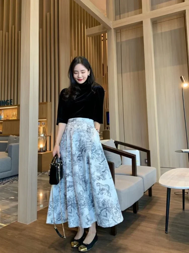 Korean Vintage Printed Long Skirts Women High Waist Slim A-line Jupe Female 2024 Spring Summer Elegant All-match Mujer Faldas