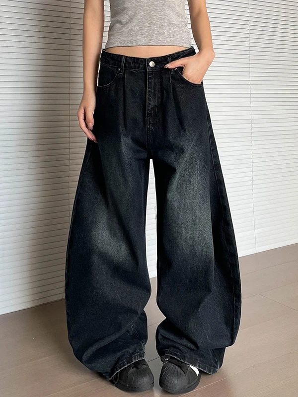 

Ретро-джинсы в американском стиле с эффектом потертости, унисекс, с высокой талией, широкими штанинами, универсальные, стройнящие, повседневные брюки