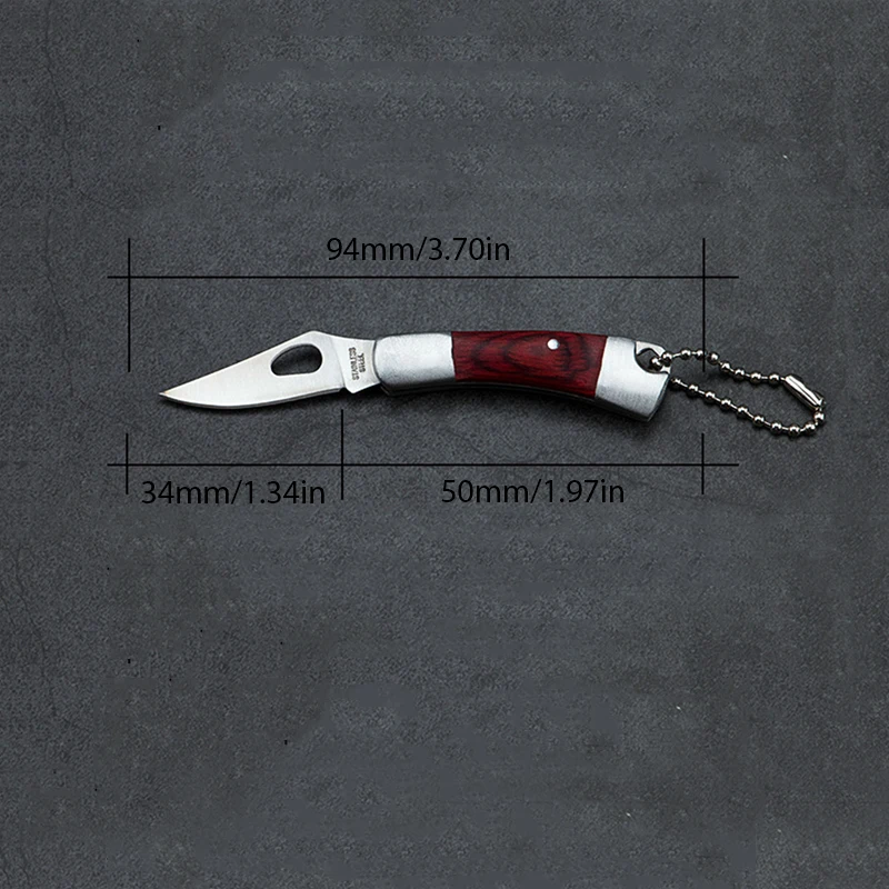 Foldable Knife Keychains Outdoor Barbecue Wooden Handle Fruit Knife Keyring Pocket Knife Key Chains Rings Stainless Steel Tools